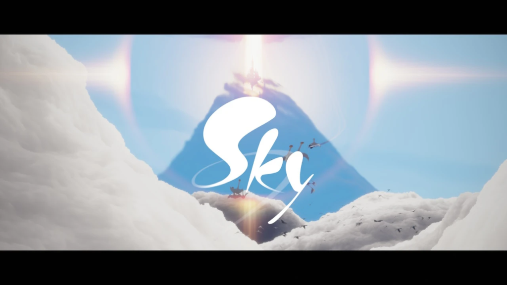 The camera is above the clouds, looking into a valley of cloud. Birds and manta-like creatures fly around and through the clouds. The game's title, Sky, appears in the centre of the screen, while a large and imposing mountain looms in the far distance.